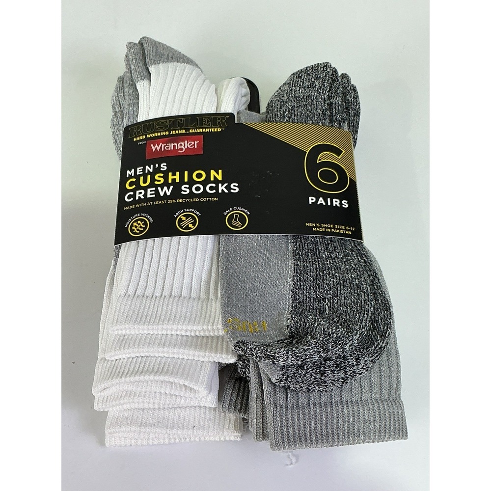 Rustler Wrangler Mens Cushion Crew Socks 6 Pairs Size 6-12 Recycled Cotton‎